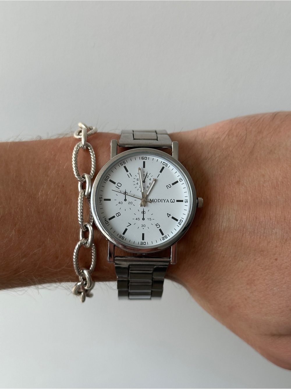 MODIYA Men's Silver Stainless Steel Watch with White Dial